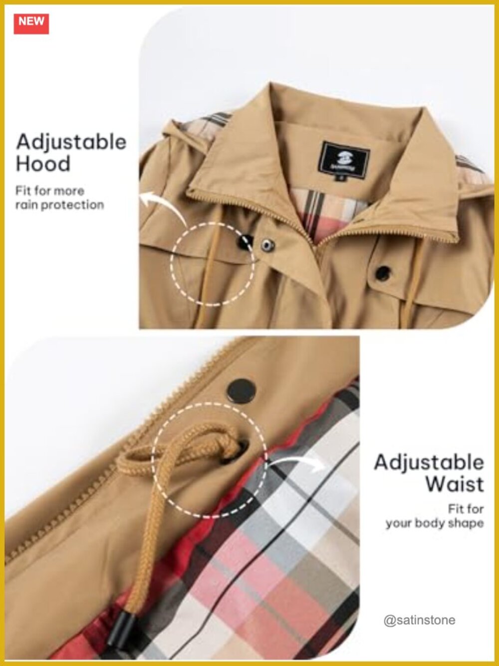 Waterproof Rain Jacket Long Hooded Windbreaker Trench Coat with Adjustable Waist - Picture 4 of 6